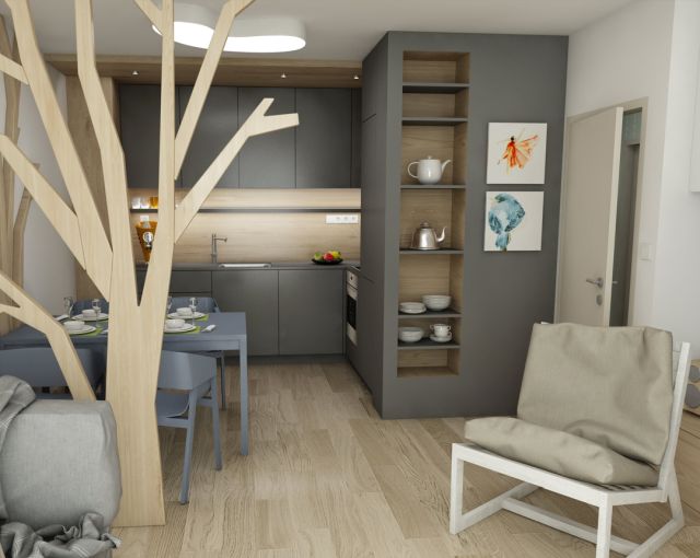 Antracitová kuchynská linka, modrý jedálenský stôl, moderné stoličky, strom v interiéry