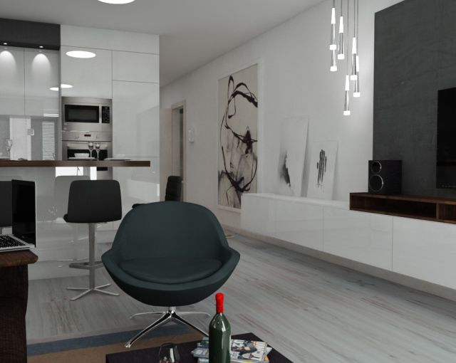 Biely lesklý nábytok, moderný interiér, byt s návrhom od architekta